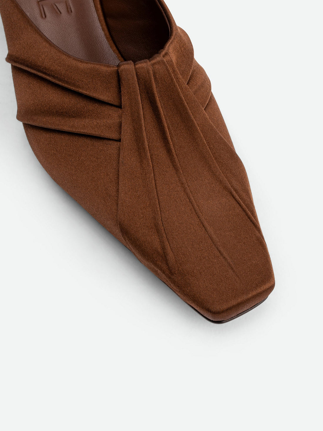 Marina Brown Satin Mules - Toe Close-up View - POEVE Collection