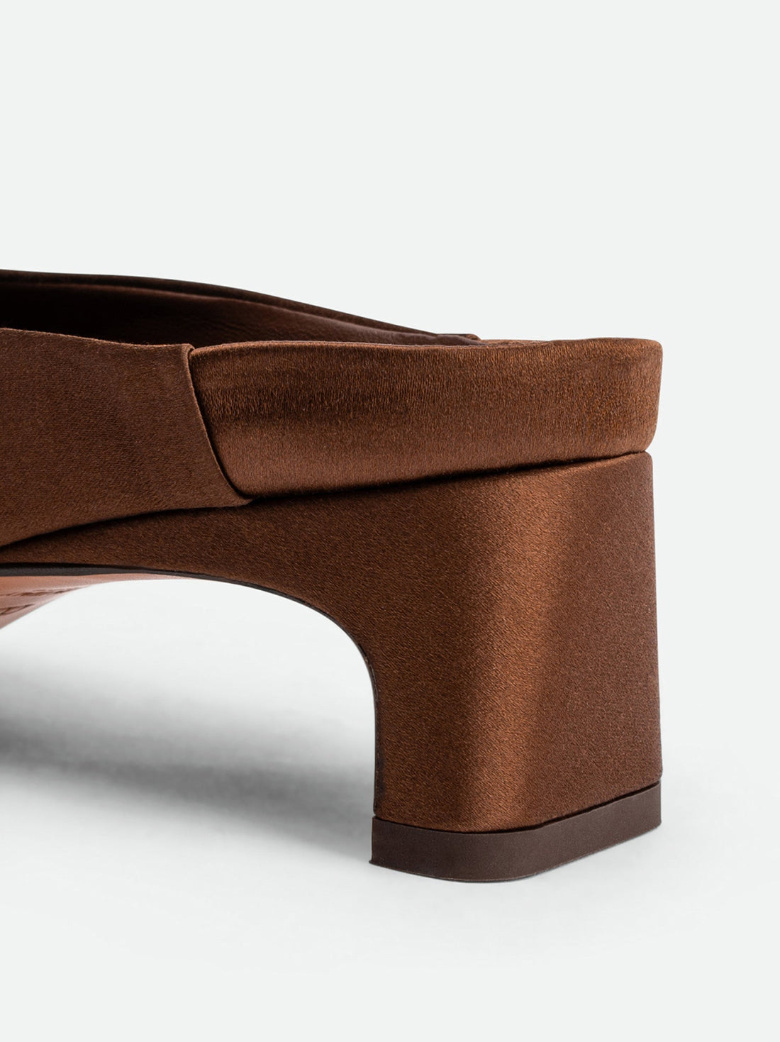 Marina Brown Satin Mules - Heel Close-up View - POEVE Collection