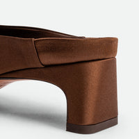 Marina Brown Satin Mules - Heel Close-up View - POEVE Collection