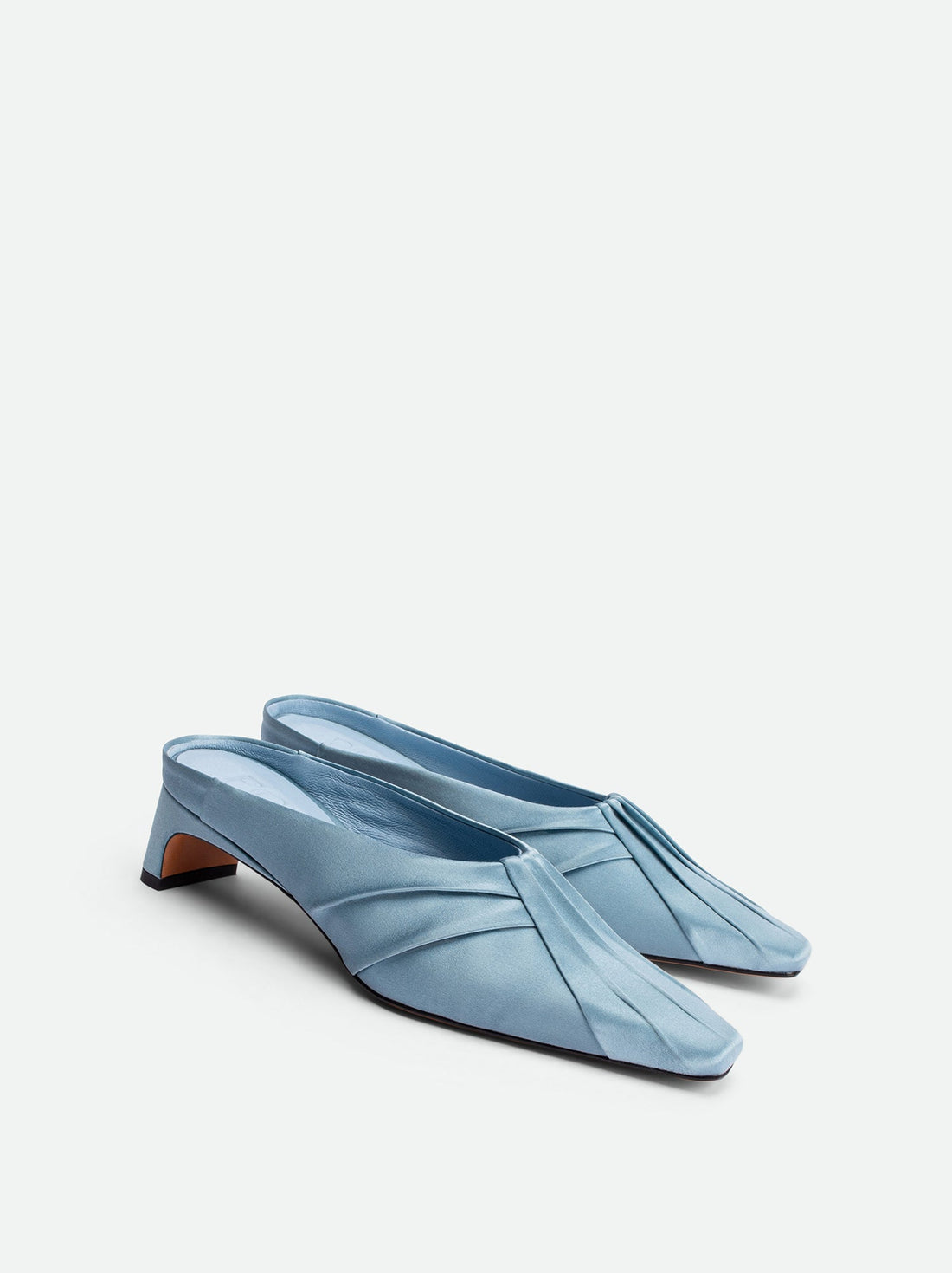 Marina Azure Satin Mules - Angled Side View - POEVE Collection