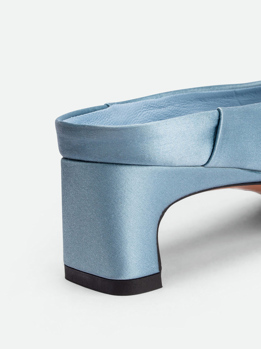 Marina Azure Satin Mules - Heel Close-up View - POEVE Collection