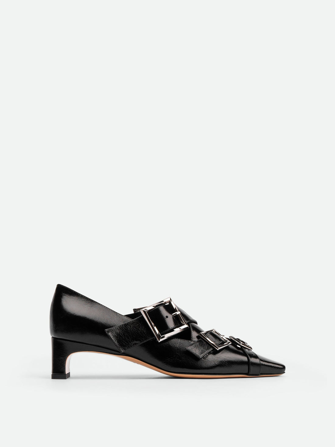 Maeve Black Crinkled Glossy Leather Low Heel Pumps – Side View – POEVE Collection