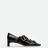 Maeve Black Crinkled Glossy Leather Low Heel Pumps – Side View – POEVE Collection