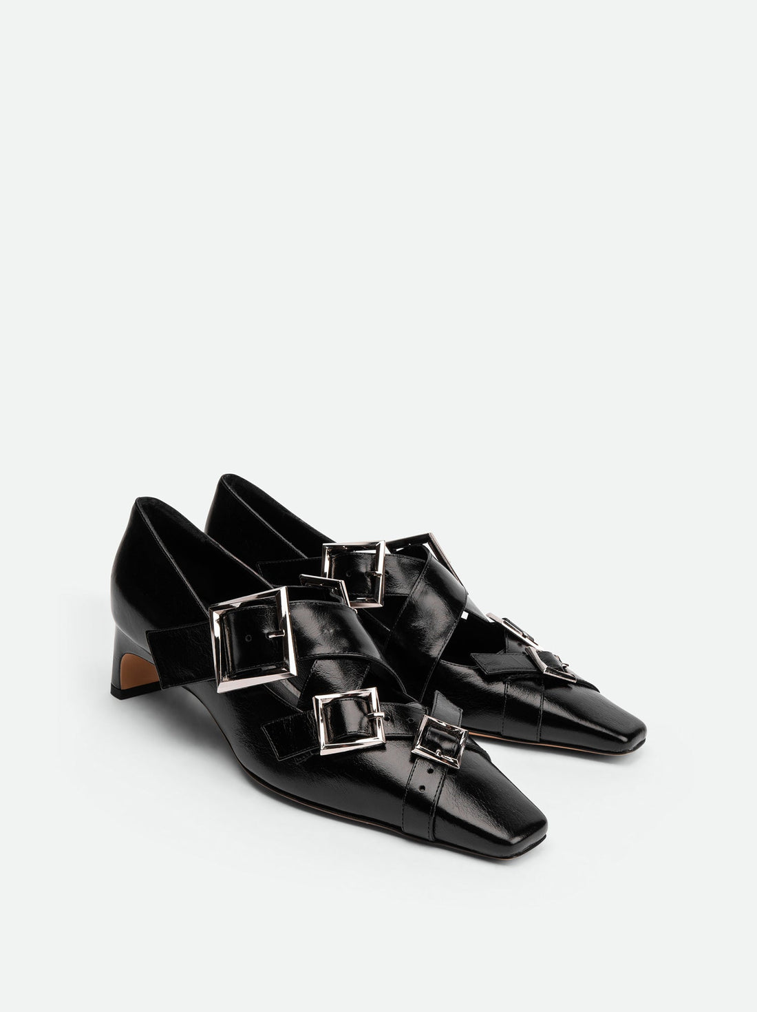 Maeve Black Crinkled Glossy Leather Low Heel Pumps – Angled View – POEVE Collection