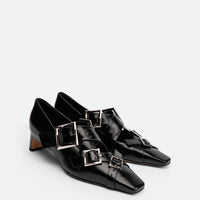Maeve Black Crinkled Glossy Leather Low Heel Pumps – Angled View – POEVE Collection