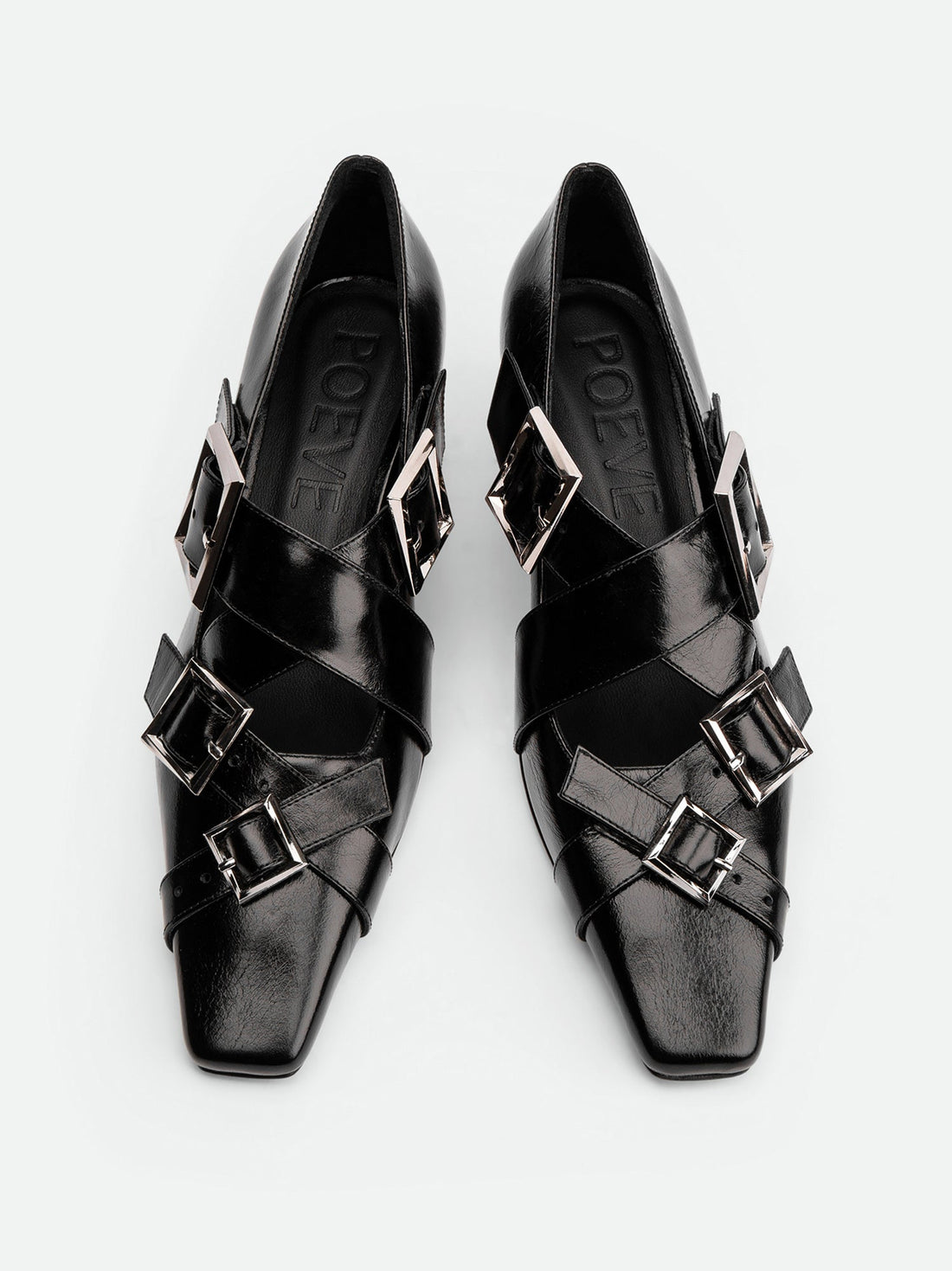 Maeve Black Crinkled Glossy Leather Low Heel Pumps – Top View – POEVE Collection