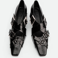 Maeve Black Crinkled Glossy Leather Low Heel Pumps – Top View – POEVE Collection