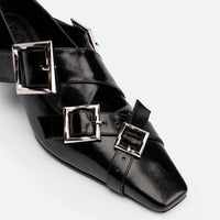 Maeve Black Crinkled Glossy Leather Low Heel Pumps – Toe Close-up View – POEVE Collection