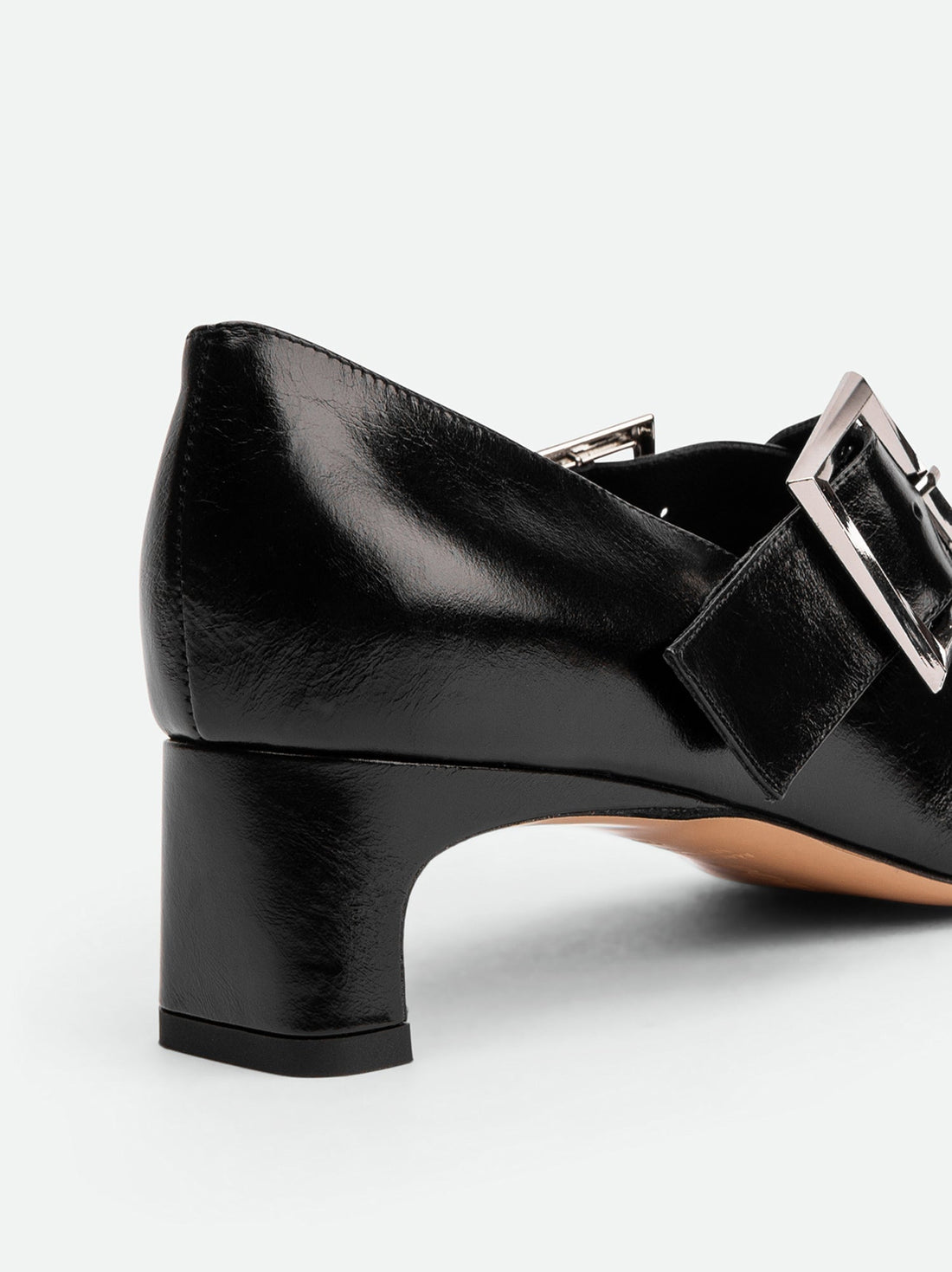 Maeve Black Crinkled Glossy Leather Low Heel Pumps – Back View – POEVE Collection