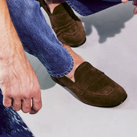 Oscar Brown Crust Leather Penny Loafers, styled with raw-hem denim jeans - POEVE Collection