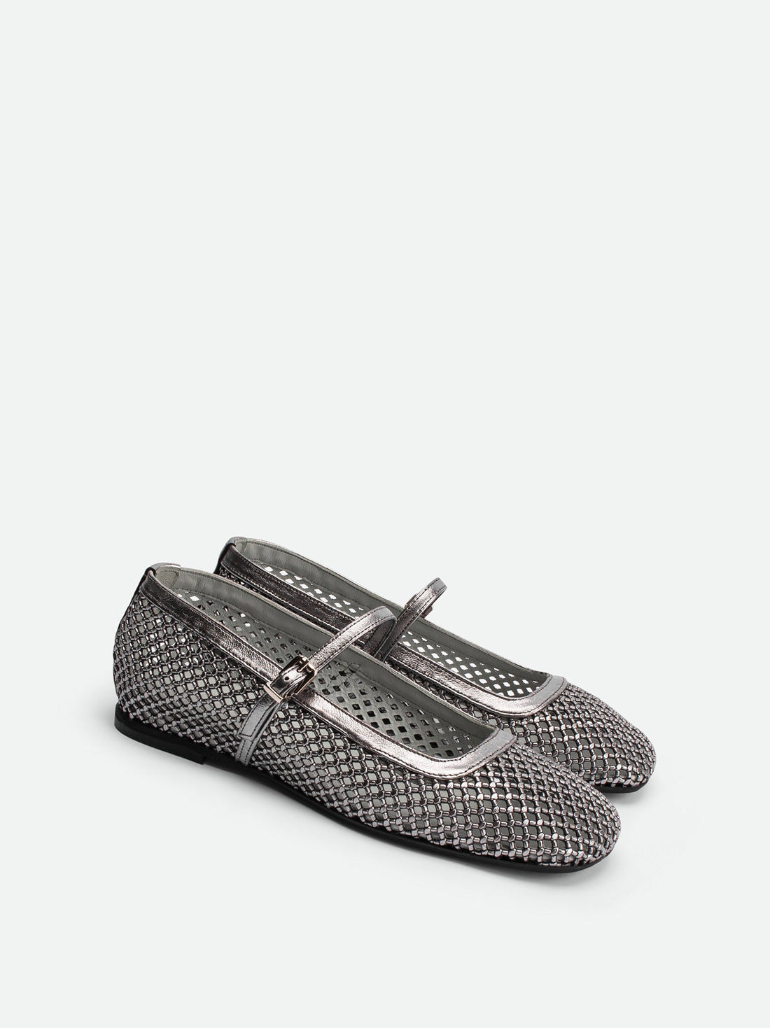 Amelia Perforated Silver Laminated Leather Ballerinas - Angled Side View - POEVE Collection