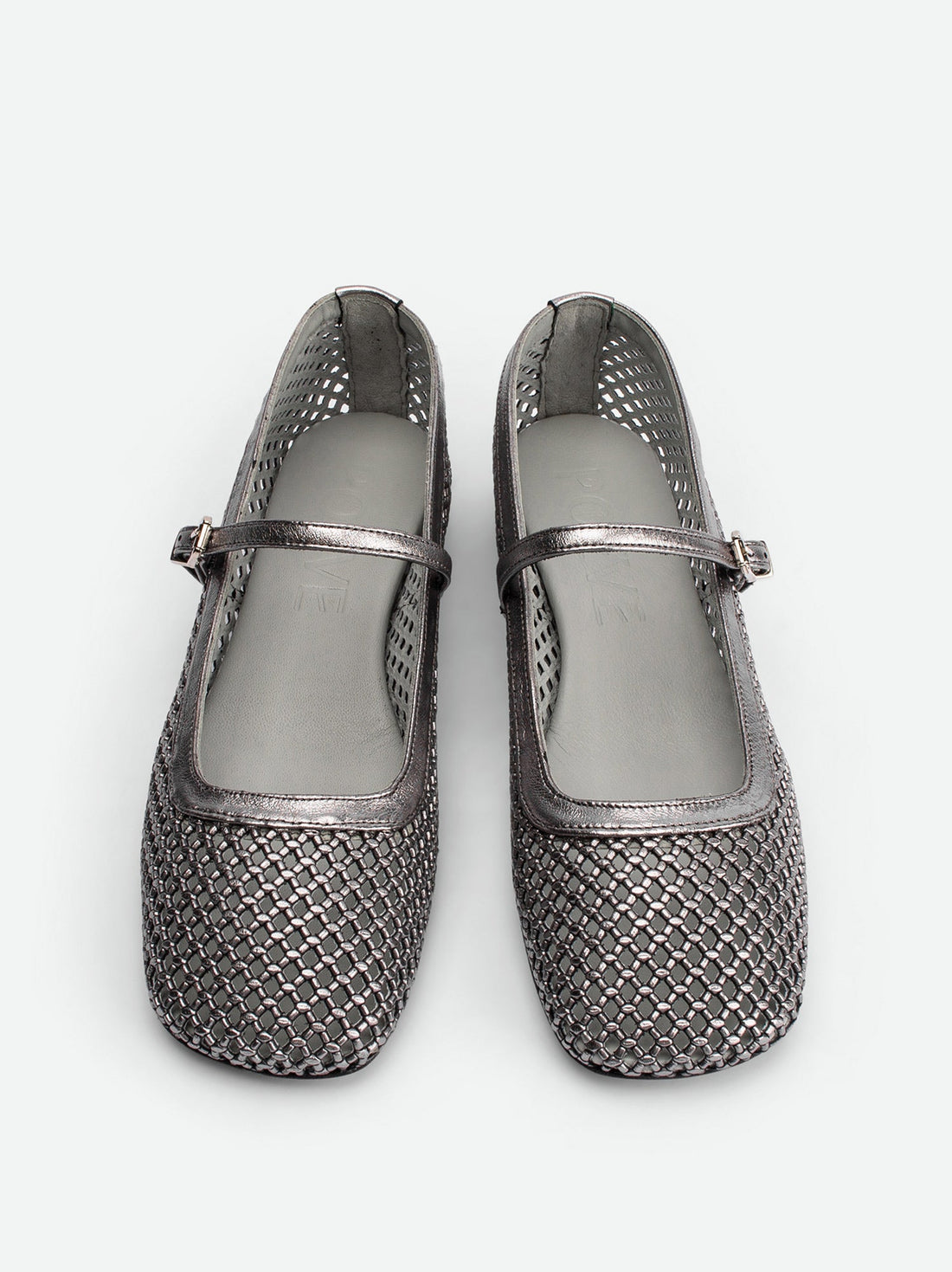 Amelia Perforated Silver Laminated Leather Ballerinas - Top View - POEVE Collection