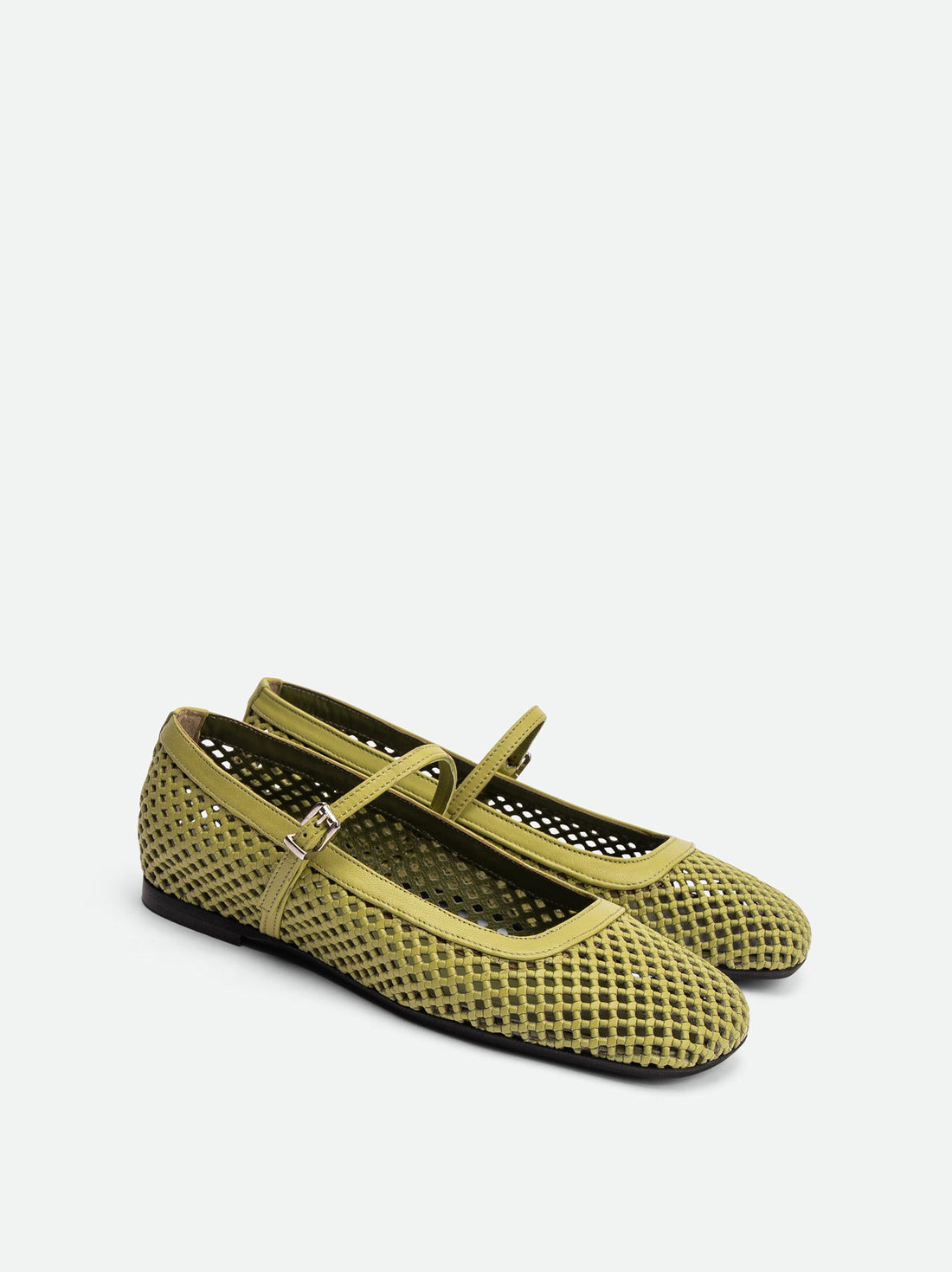 Amelia Perforated Green Leather Ballerinas - Angled Side View - POEVE Collection