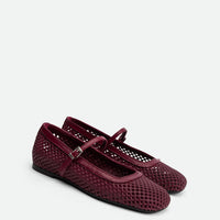 Amelia Perforated Bordeaux Leather Ballerinas - Angled Side View - POEVE Collection