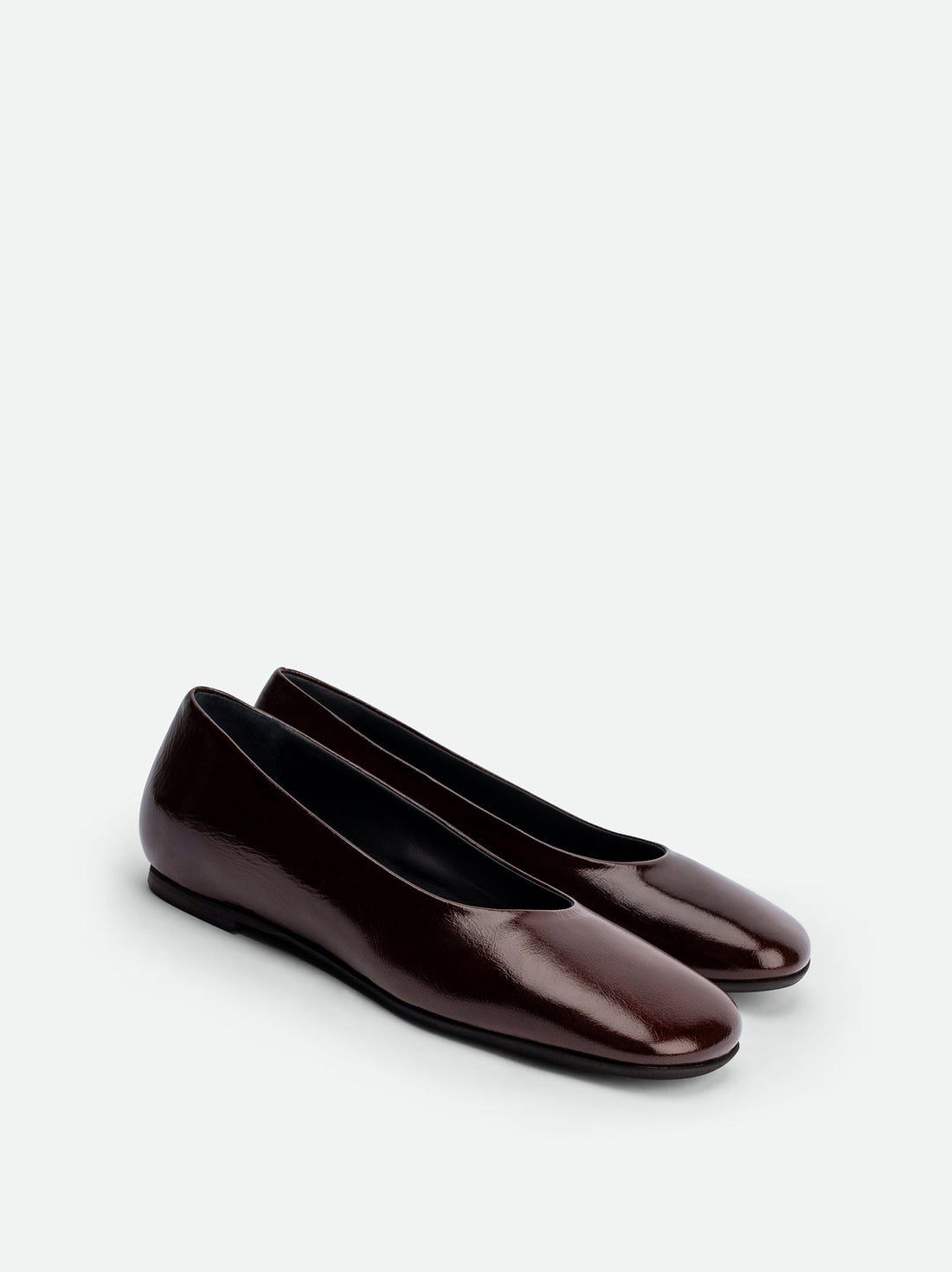 Emery Brown Crinkled Patent Leather Ballerinas – Angled Side View – POEVE Collection