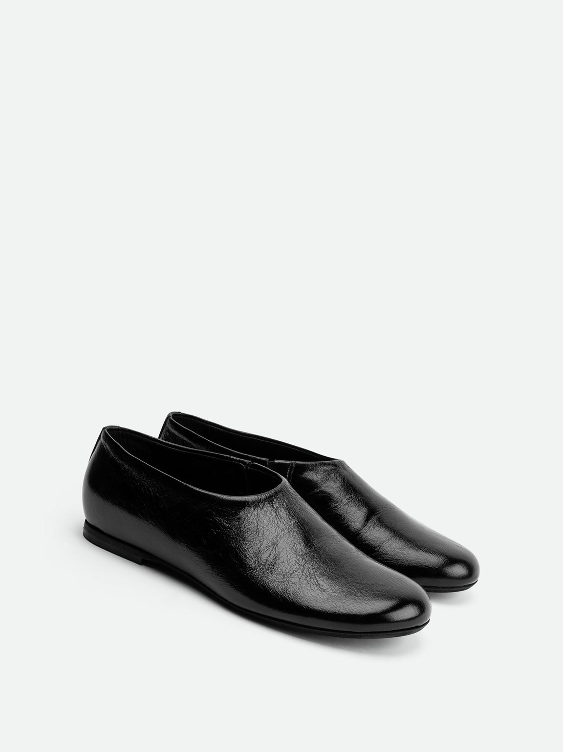 Talia Black Crinkled Leather Flats – Angled View – POEVE Collection