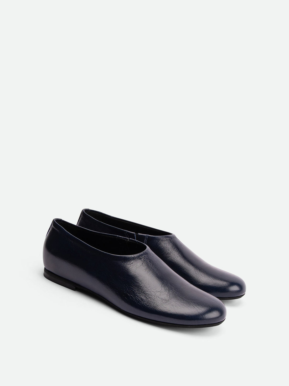 Talia Deep Blue Crinkled Leather Flats – Angled View – POEVE Collection
