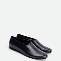 Talia Deep Blue Crinkled Leather Flats – Angled View – POEVE Collection