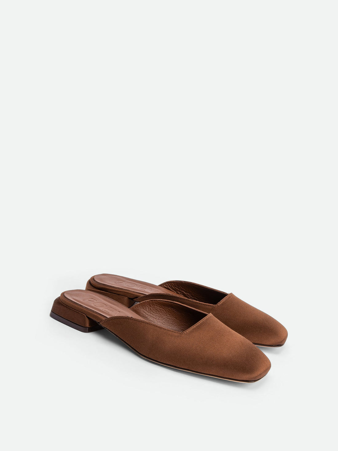 Bonnie Brown Satin Mules - Angled Side View - POEVE Collection