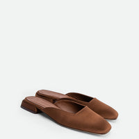 Bonnie Brown Satin Mules - Angled Side View - POEVE Collection