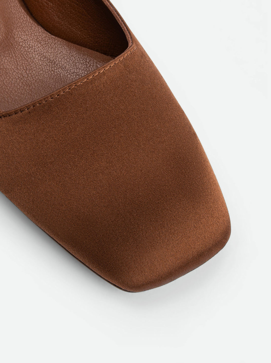 Bonnie Brown Satin Mules - Toe Close-up View - POEVE Collection