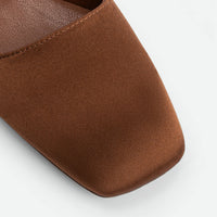 Bonnie Brown Satin Mules - Toe Close-up View - POEVE Collection