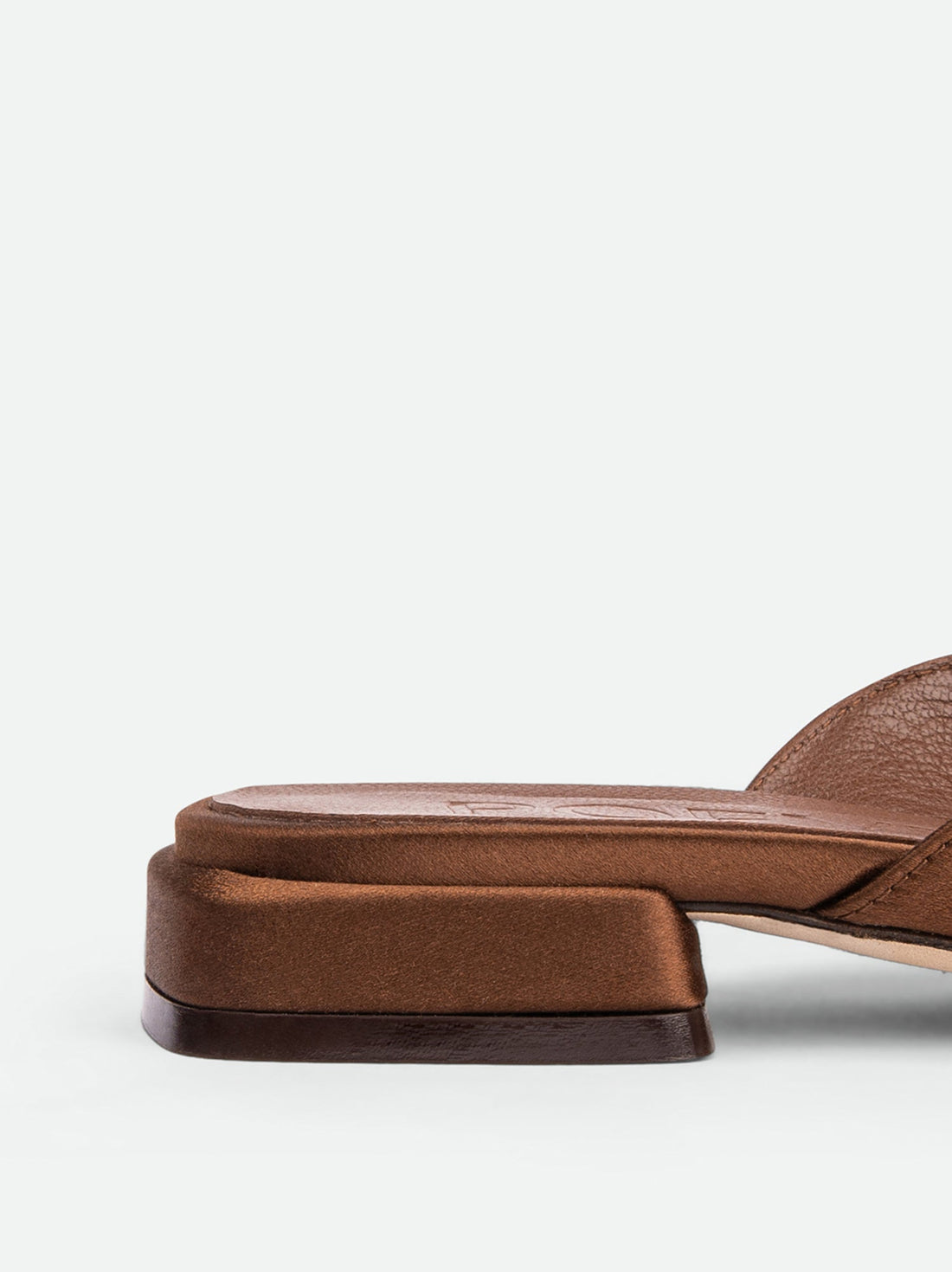 Bonnie Brown Satin Mules - Heel Close-up View - POEVE Collection