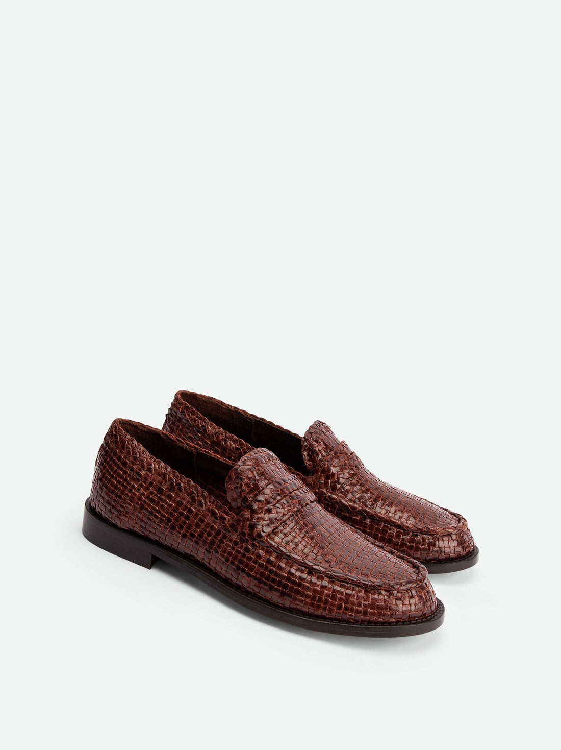 Maverick Brown Hand-Woven Leather Loafers - Angled Side View - POEVE Collection