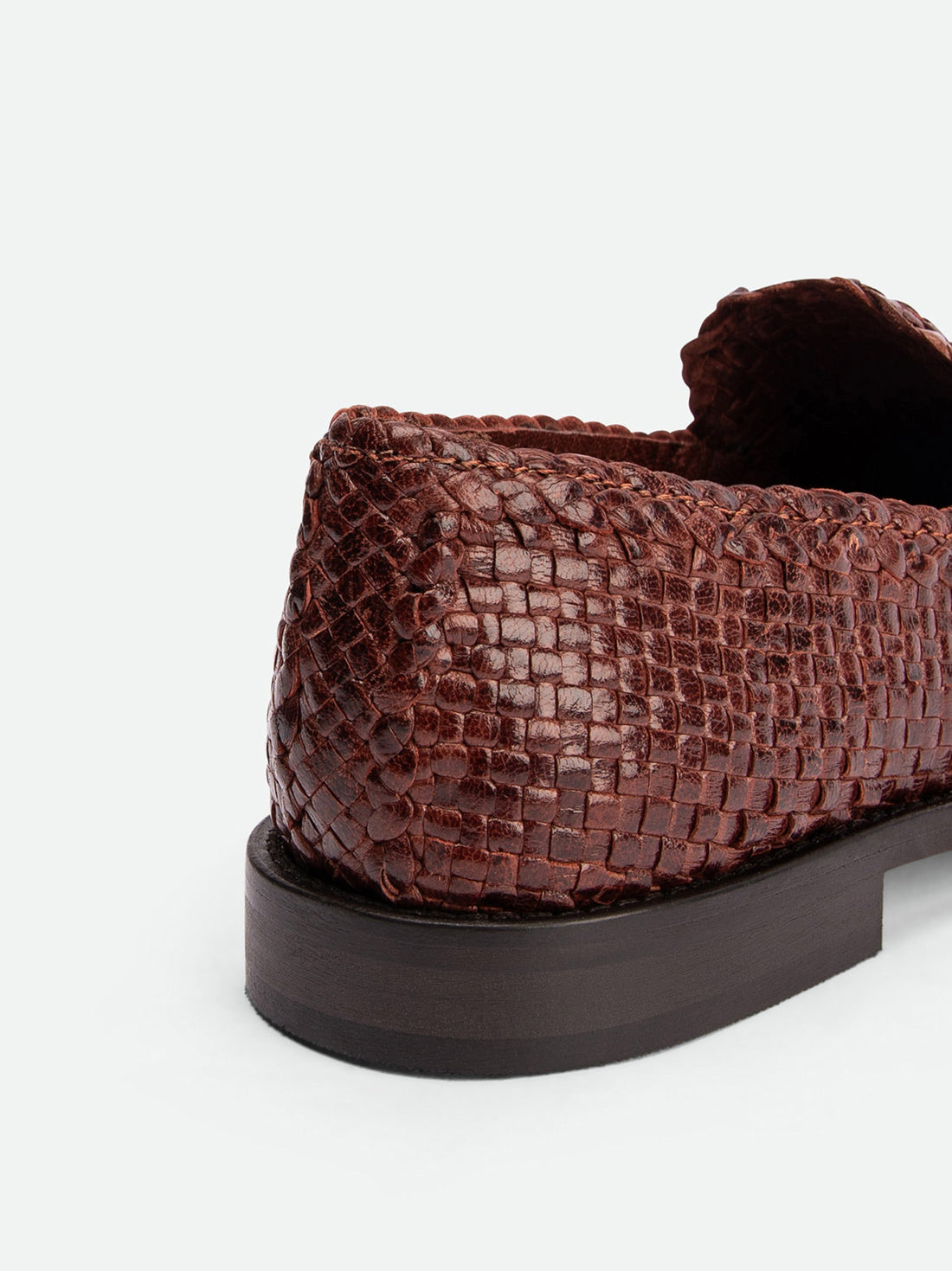 Maverick Brown Hand-Woven Leather Loafers - Back Close-up View - POEVE Collection