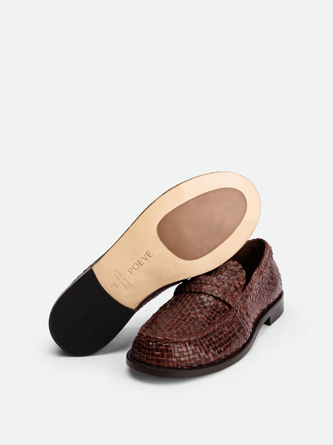 Maverick Brown Hand-Woven Leather Loafers - Sole View - POEVE Collection