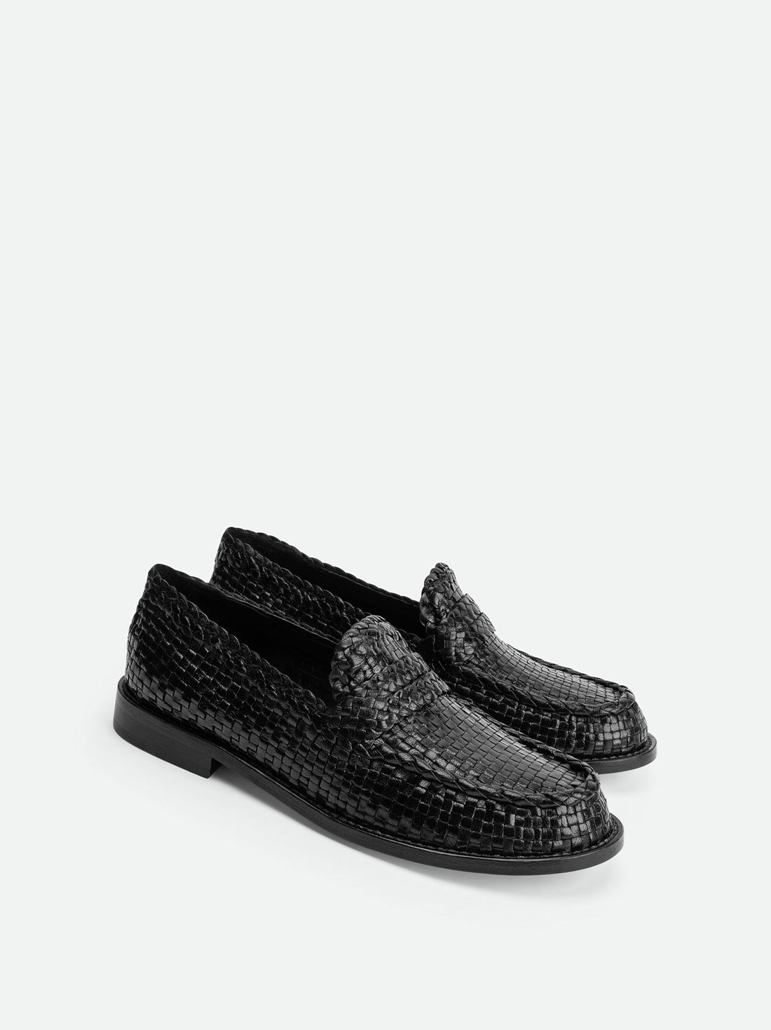 Maverick Black Hand-Woven Leather Loafers - Angled Side View - POEVE Collection