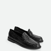 Maverick Black Hand-Woven Leather Loafers - Angled Side View - POEVE Collection