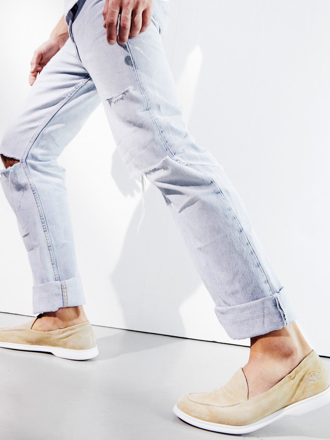 Stephen Beige Crust Leather Loafers, styled with light-washed, ripped, cuffed jeans - POEVE Collection