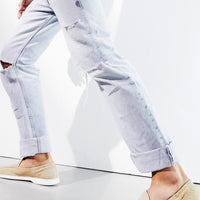 Stephen Beige Crust Leather Loafers, styled with light-washed, ripped, cuffed jeans - POEVE Collection