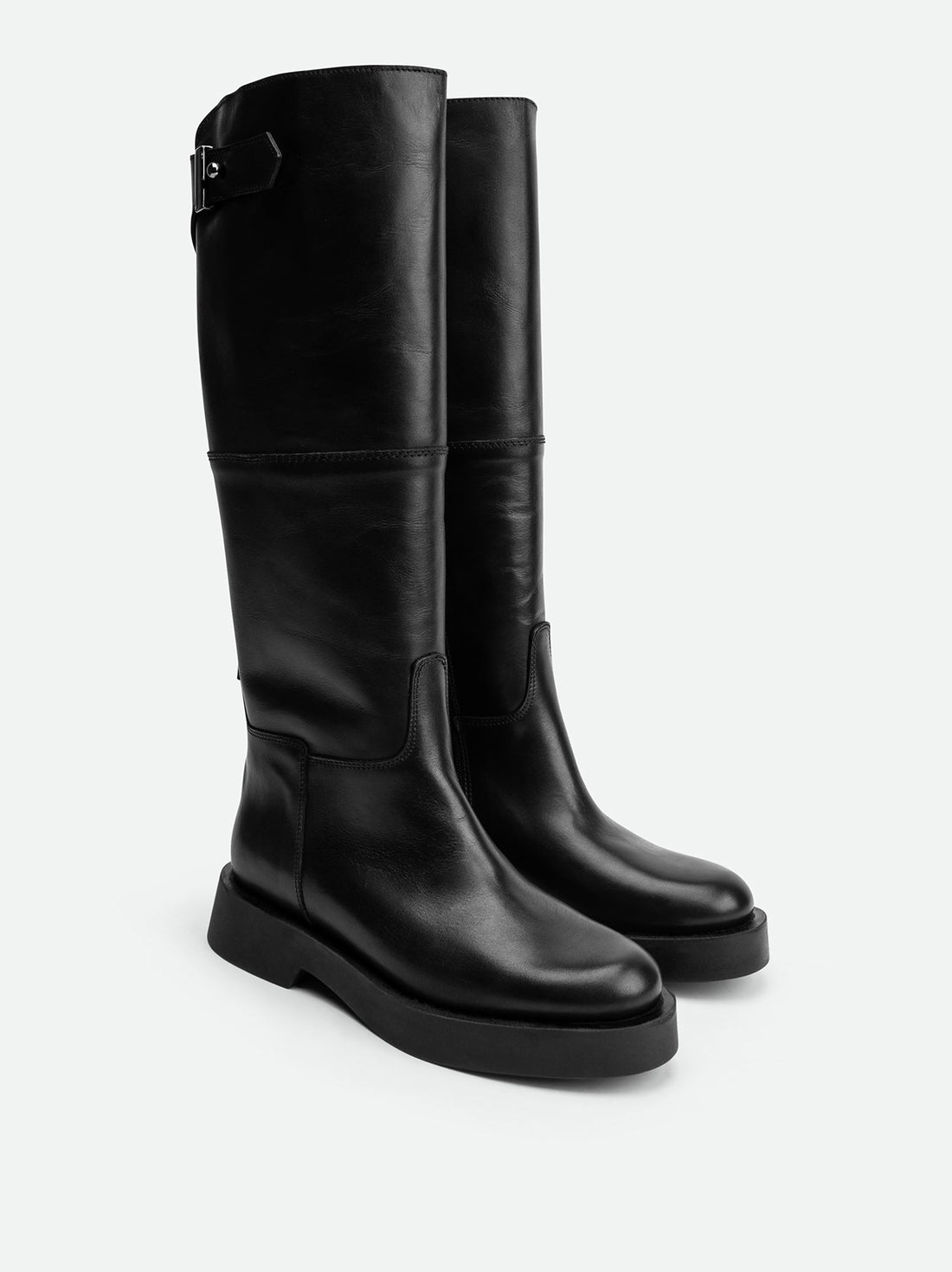 Xia Black Calf Leather Tall Boots – Angled View – POEVE Collection