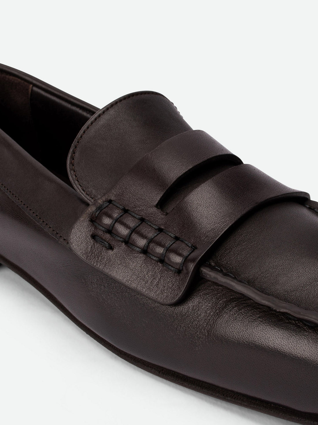Finley Dark Brown Leather Loafers - Side Close-up View - POEVE Collection