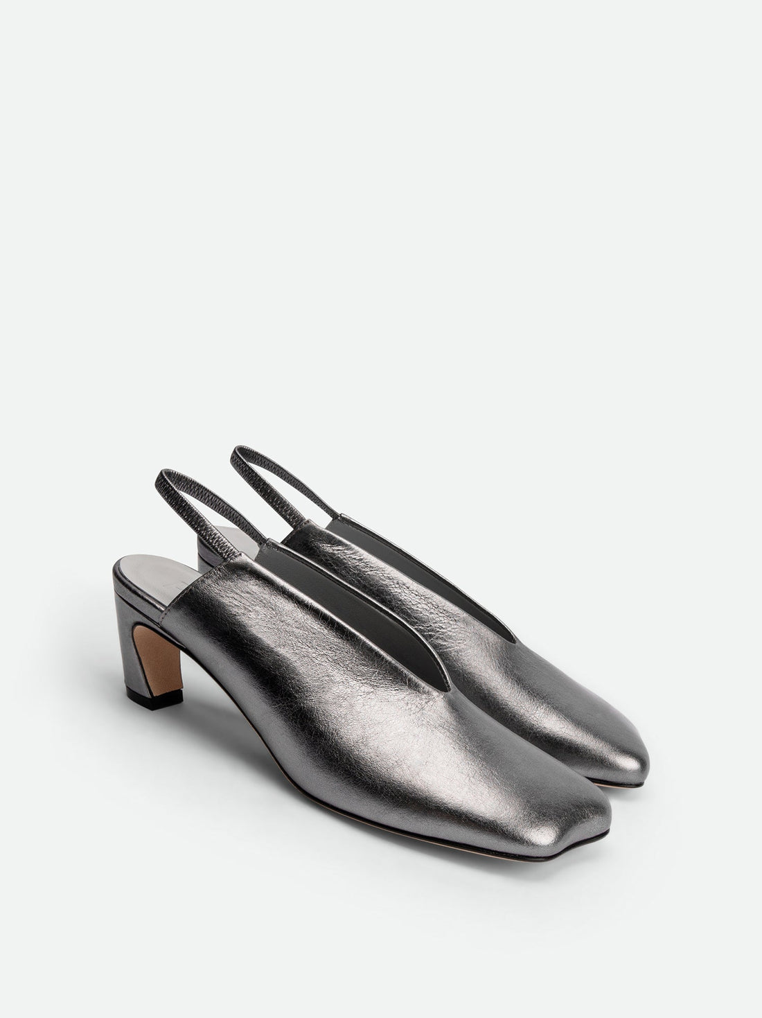 Elisa Silver Crinkled Vintage-effect Laminated Leather Heel Slingbacks - Angled Side View - POEVE Collection