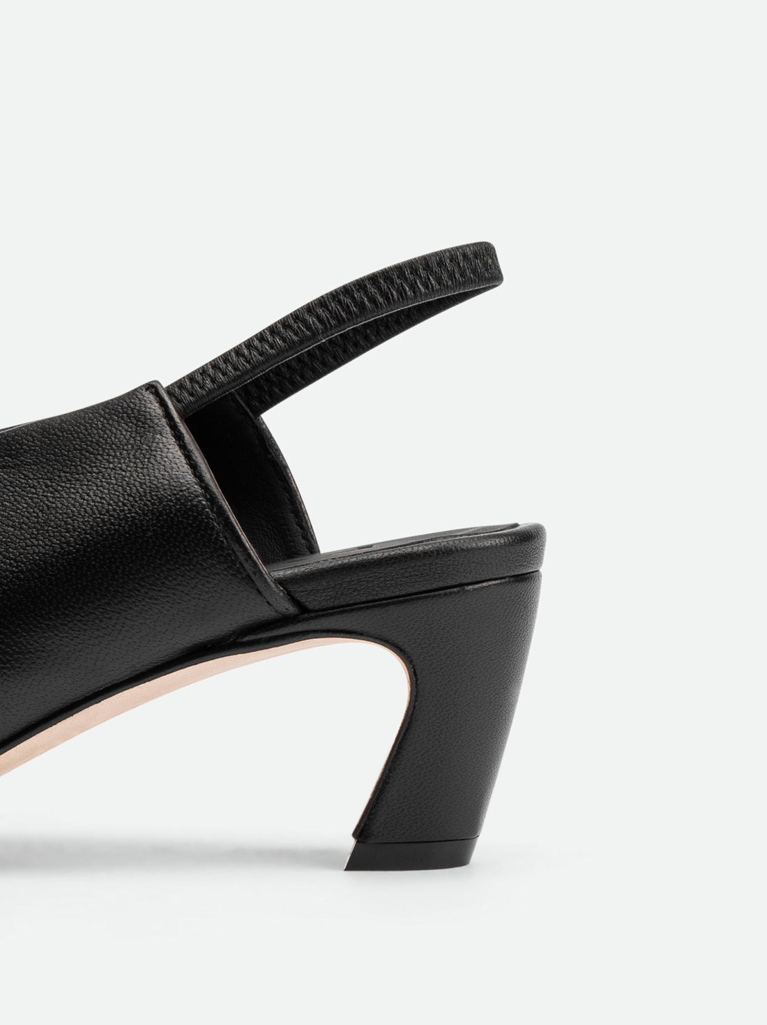Elisa Black Leather Heel Slingbacks - Heel Close-up View - POEVE Collection