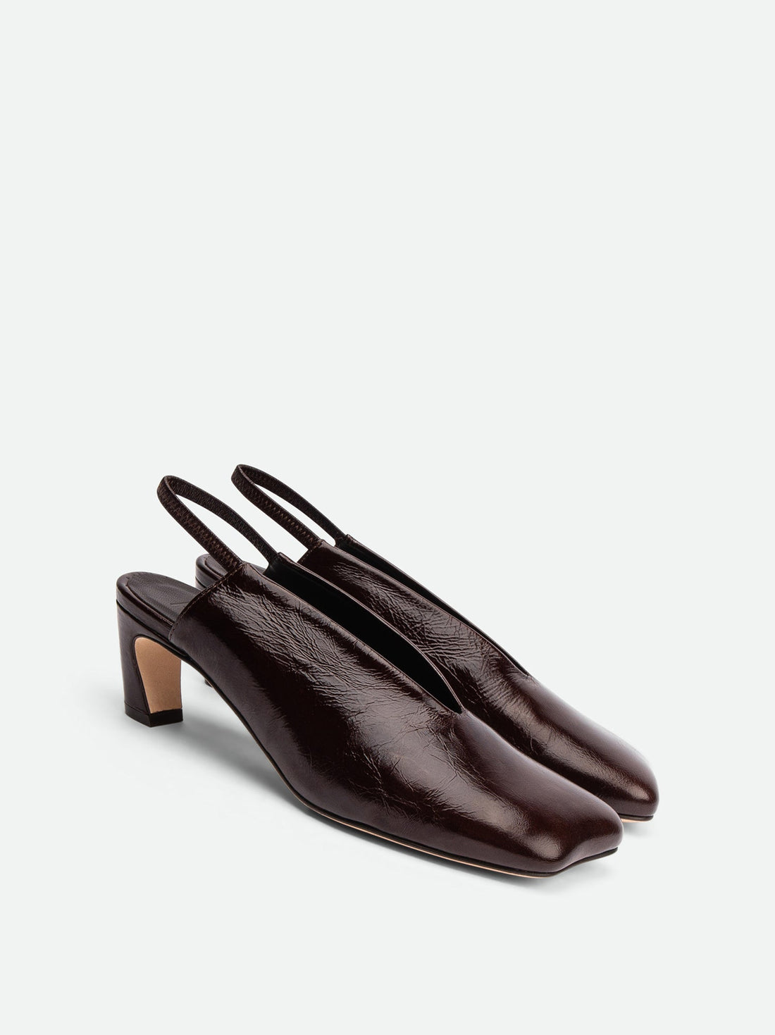 Elisa Brown Crinkled Patent Leather Heel Slingbacks - Angled Side View - POEVE Collection