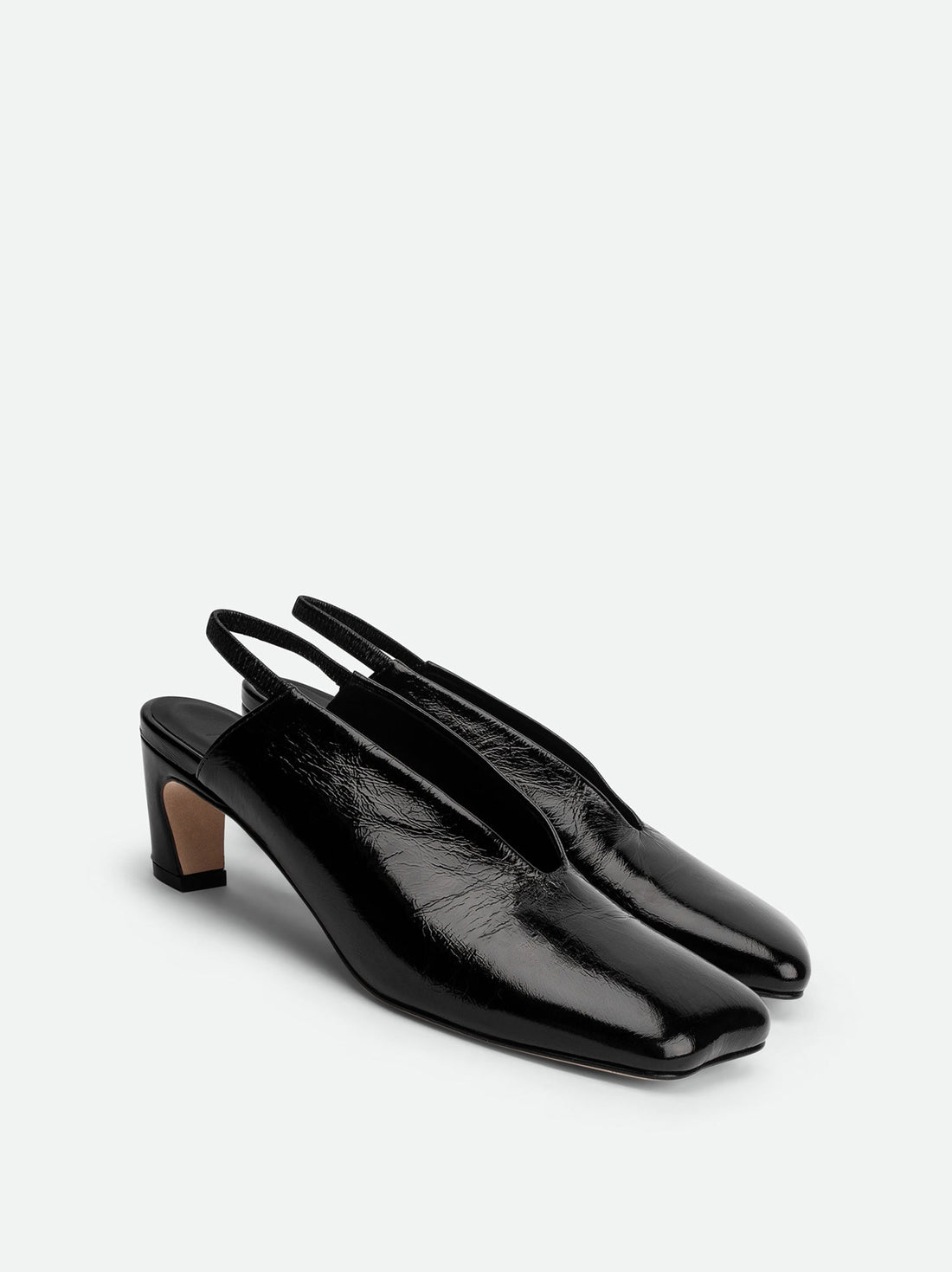 Elisa Black Crinkled Patent Leather Slingbacks - Angled Side View - POEVE Collection