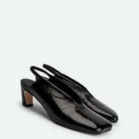 Elisa Black Crinkled Patent Leather Slingbacks - Angled Side View - POEVE Collection