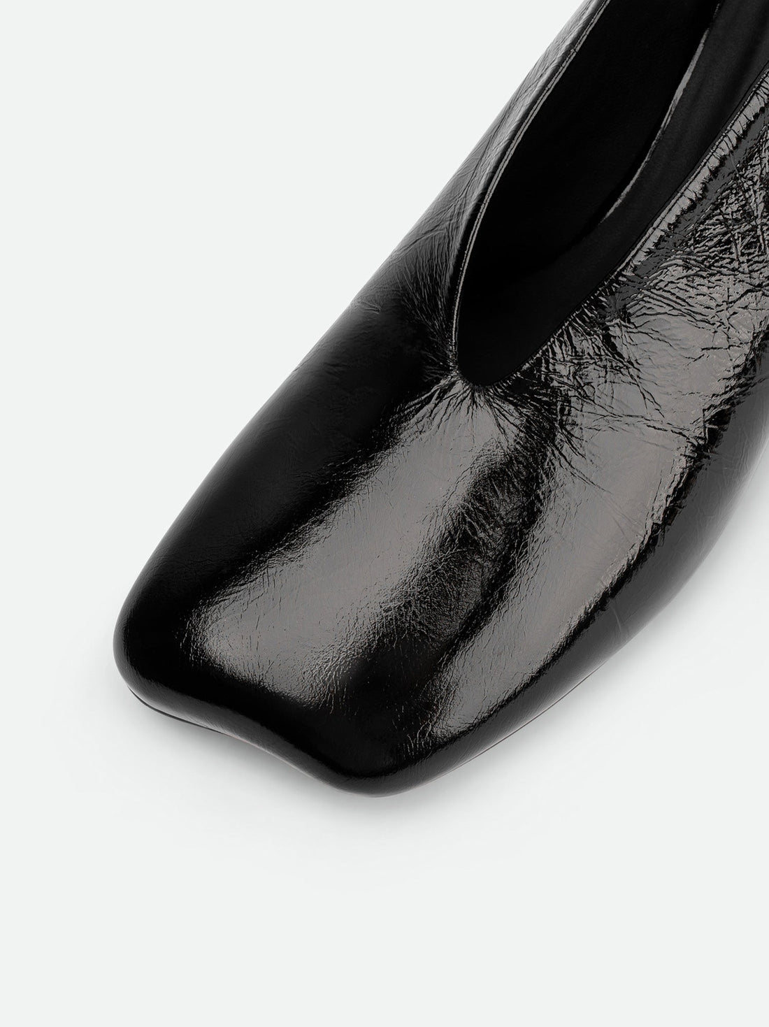 Elisa Black Crinkled Patent Leather Slingbacks - Toe Close-up View - POEVE Collection