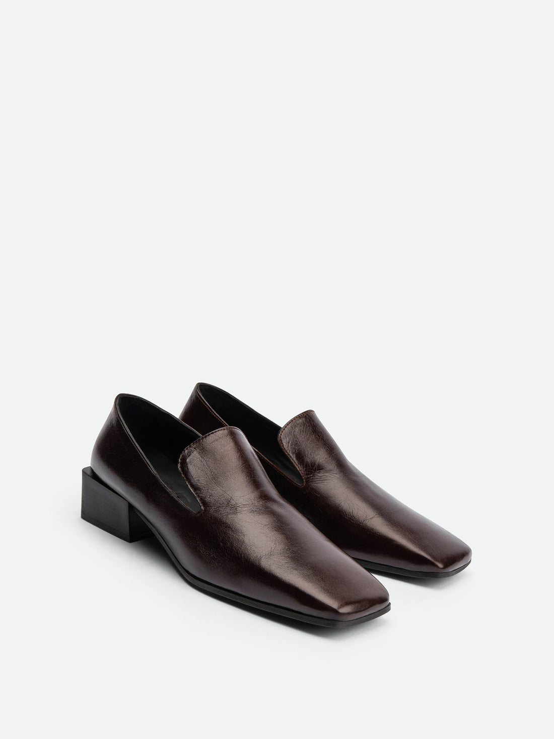 Gwen Dark Brown Crinkled High-Gloss Leather Loafers – Angled View – POEVE Collection