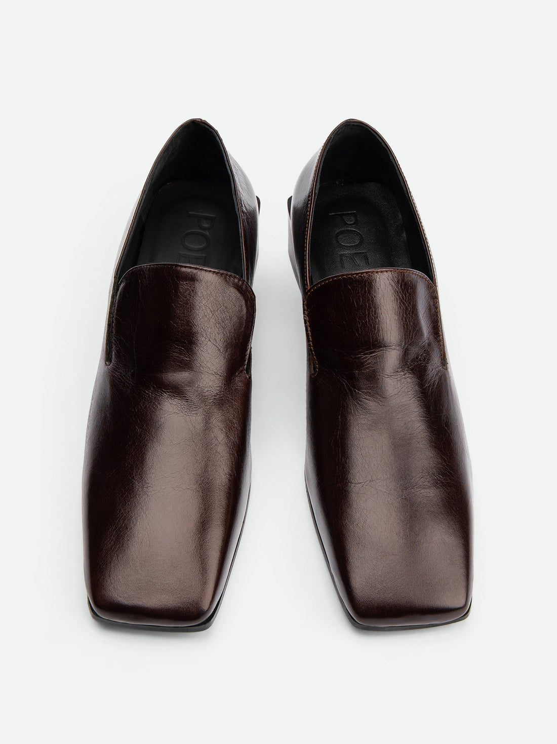 Gwen Dark Brown Crinkled High-Gloss Leather Loafers – Top View – POEVE Collection