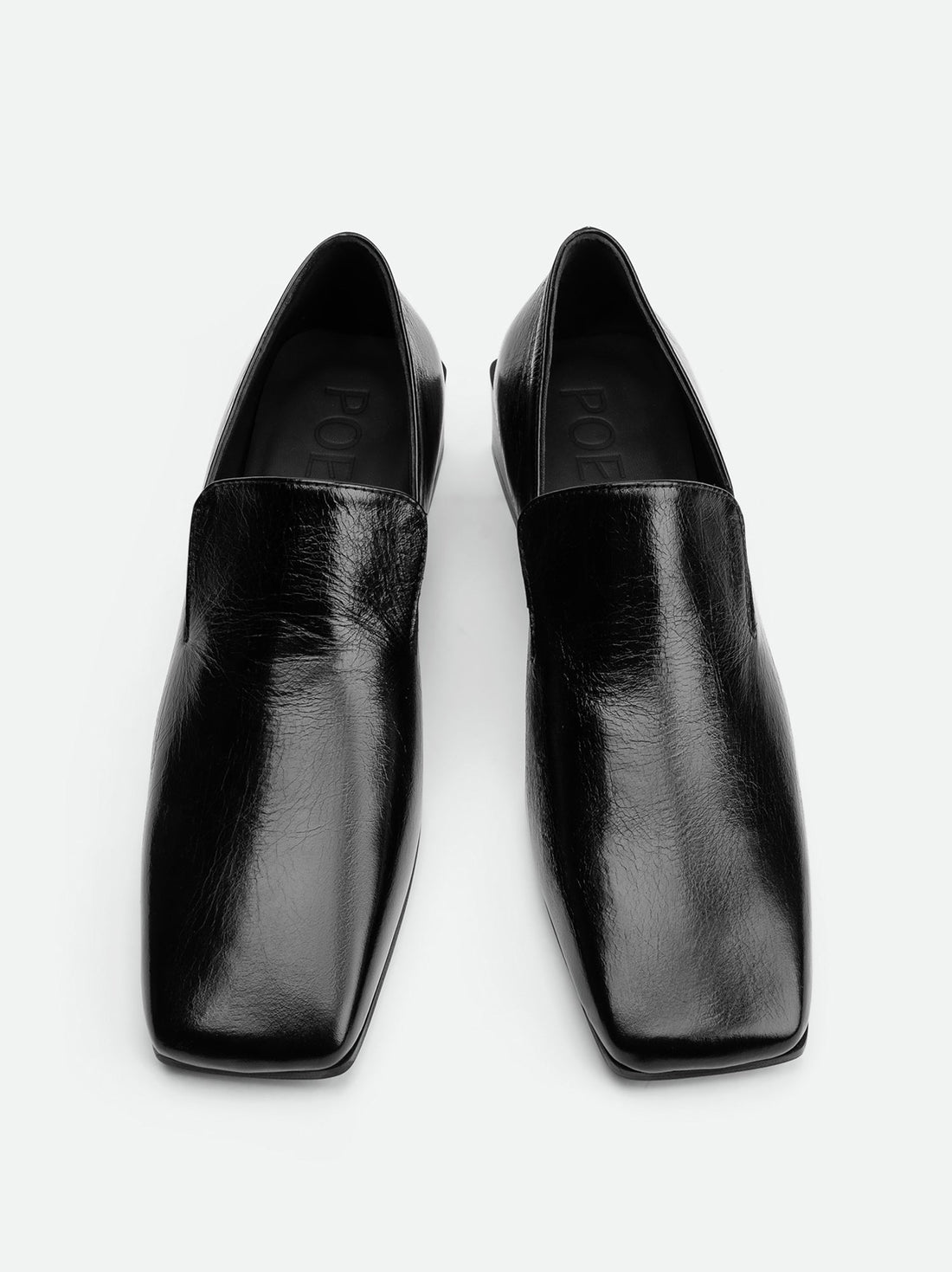Gwen Black Crinkled High-Gloss Leather Loafers – Top View – POEVE Collection