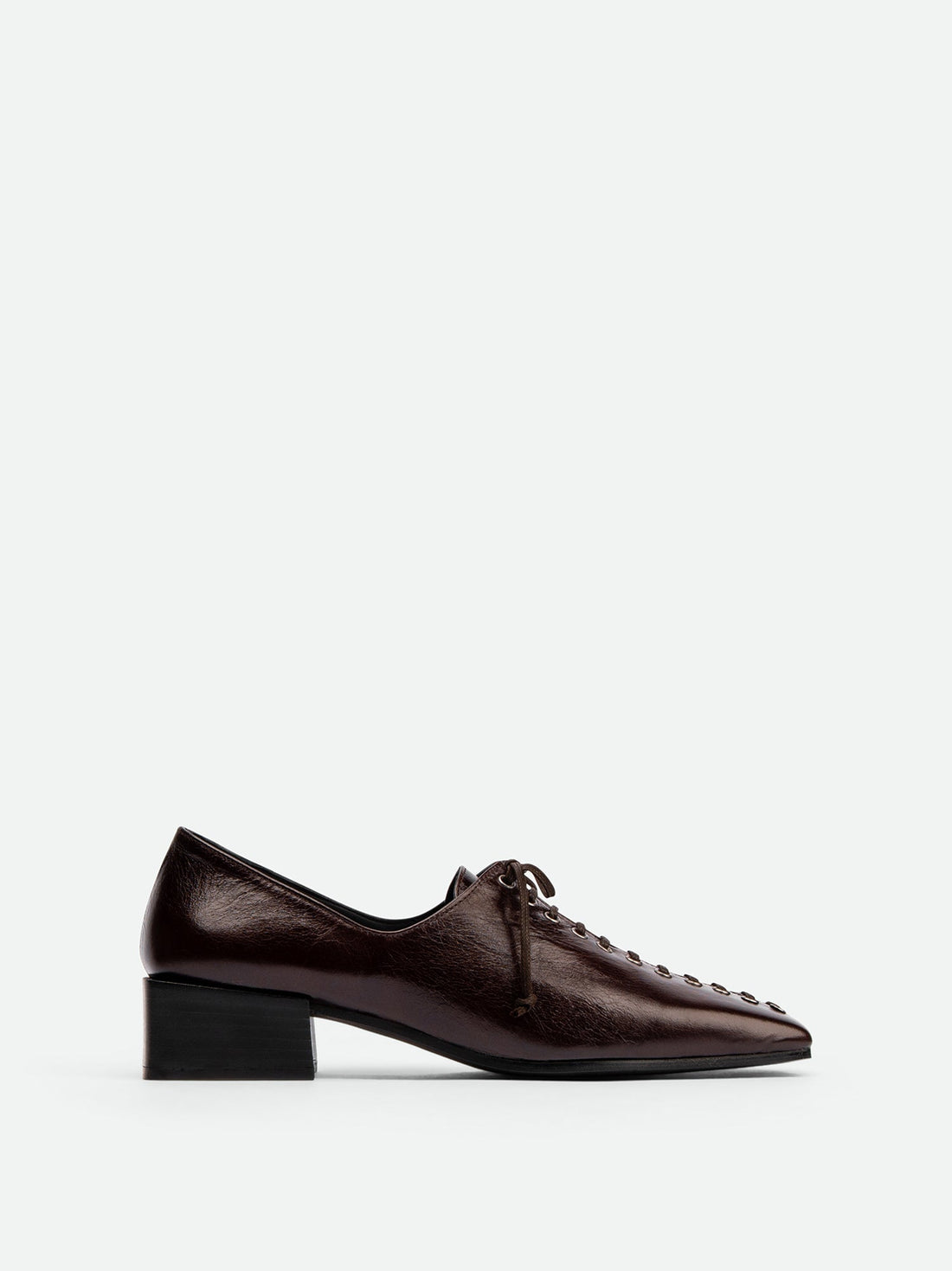 Andee Dark Brown Crinkled Glossy Leather Lace-Up Shoes – Side View – POEVE Collection