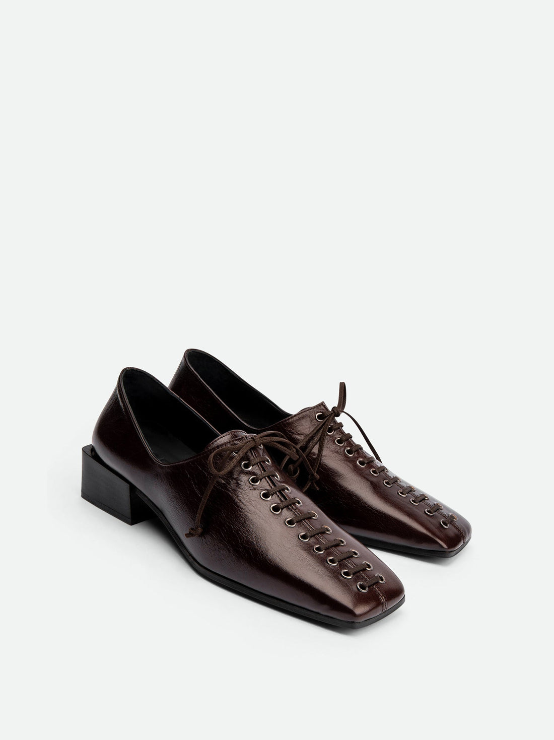 Andee Dark Brown Crinkled Glossy Leather Lace-Up Shoes – Angled View – POEVE Collection