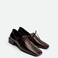 Andee Dark Brown Crinkled Glossy Leather Lace-Up Shoes – Angled View – POEVE Collection