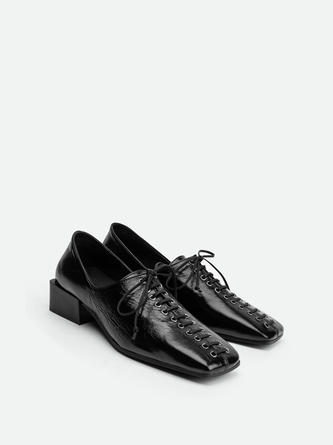 Andee Black Crinkled Glossy Leather Lace-Up Shoes – Angled View – POEVE Collection