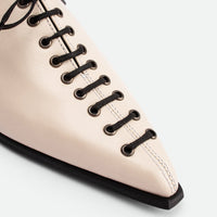 Kaley Off-white Leather Lace-up Shoes - Toe Close-up View - POEVE Collection